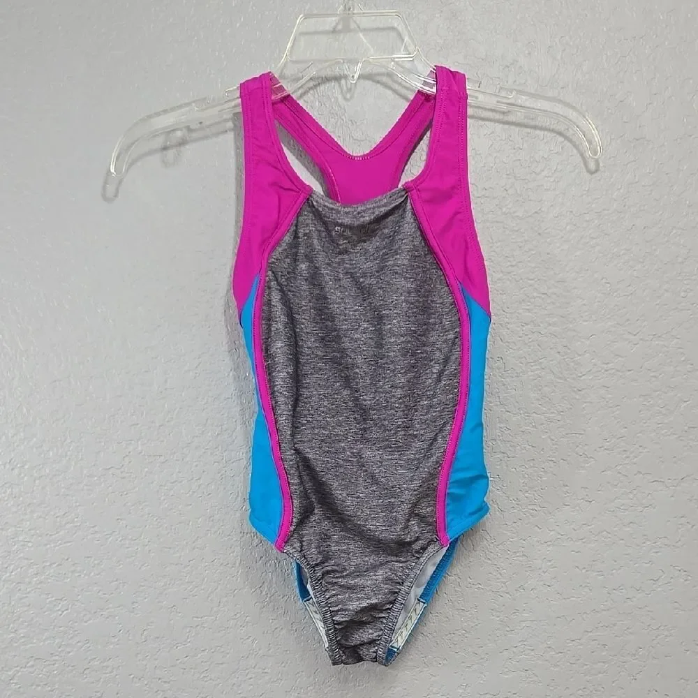 Speedo Girls One Piece Swimsuit Pink Gray Racerback UPF 50+ Size 8 Bathing Suit